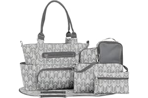 SONARIN Set de 7 Bolsa de Pañales para Bebés, Bolso Cambiador Multifunción para Mamá, Bolsa de Hombro para Viaje con Cambiador y Ganchos Carrito Bebé (Gris)