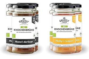 Grizzly Foods • Caldo de hueso orgánico de ternera y pollo (6 x 240 ml) • Más de 10 g de colágeno por vaso • Cocido durante 72 horas • 100% natural • Sin azúcar, sin aditivos • Nutrientes valiosos •