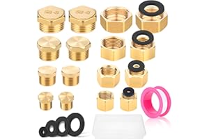lompyeu 16 Pcs Tubo Dell'Acqua Con Tappo Cieco，1/8 1/4 3/8 1/2 3/4 Tappo per Tubo in Ottone con Filettature Interne ed Esterne,con Nastro Idraulico, per Lavatrice Valvola Radiatore Valvola