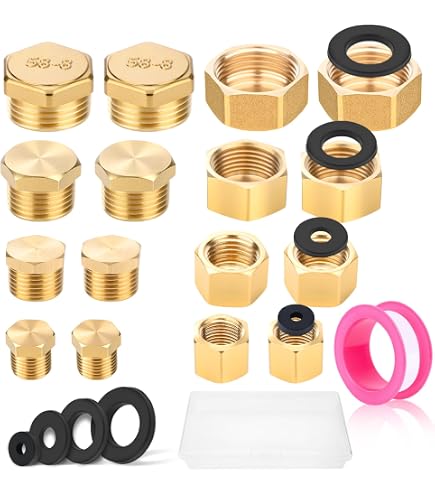 UTMACH Tappo Filettato in Ottone 14 Pezzi 1/8 1/4 3/8 1/2 3/4 Femmina Tappo Ottone con Guarnizione 14 Pcs e Nastro Teflon Idraulico Tappo Femmina per Tubi dell'Acqua Esterni da Giardino
