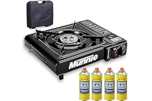 Munnie Black Portable Camping Stove with Cary Case & Butane Gas | Premium Camping Gas Stove | Camping Stove Gas Portable | Automatic Ignition & Heat Control (Stove + 4 Canisters)