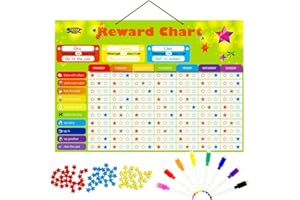 SPRITEGRU Tabla de Tareas de Comportamiento Magnético para Niños, Incluye 8 Marcadores, 60 Espumas Ilustradas, 300 Estrellas de Recompensa en Rojo Amarillo Azul, Bucle Colgante, X-Grande 43 X 30,5 cm