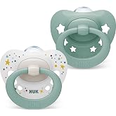 NUK Signature Pacifier | 0-6 Months | Calms 95% of Babies | BPA-Free Silicone Heart Pacifiers | Includes Case | Green Stars |