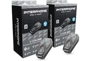 INTERPHONE U-COM 3HD Doppio, 2 Interfoni moto di gruppo per 4 utenti fino a 500mt, Interfoni casco Bluetooth 5.1 con auricolari HD 40mm per musica, chiamate e GPS, Autonomia 10h e impermeabile IP67