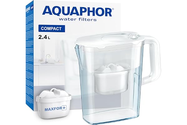 AQUAPHOR Vattenfilterkanna Compact vit inklusive 1 Maxfor+ filter I Plastkaraff 2,4 liter I Minskar kalk, klor & tungmetaller I Kompakt & lätt vattenfilter I Passar i kylskåpsdörren