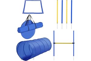 PawHut Agility Set Hunde 5-teiliges Agility-Ausrüstung für Hundetraining Steckhürdenset mit Hundetunnel 4 Slalomstangen höhenverstellbar Hürden Pause-Box Tragetasche Agilityset für Spiele Training