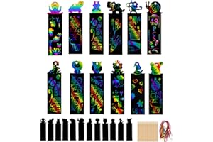 LOCCY 48 Stück Kratzbilder Für Kinder, Tiere Lesezeichen Kratzbilder mit Holzstiften und Bändern DIY Regenbogen Kratzlesezeichen für Junge Mädchen Kindergeburtstag (48 Stück Tiere)