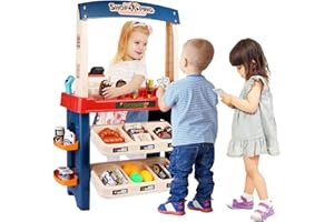 Coo11 55 Pcs Light & Sound Supermarket Cash Counter Set for Kids with Credit Card Machine Scanner Cash Register Grocery Shop Set Playset & Food Gift for Boys and Girls