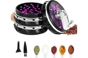 AWSGHLF 2.5" 4 Pieces Clear Top Herb Grinder Metal Large, Aluminum Alloy Spice Grinder with Foldable Handle, Pollen Scraper and Cleaning Brush