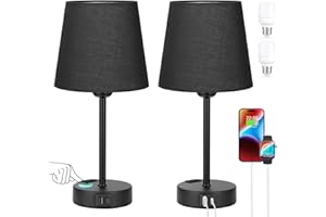 KAKANUO Lampada da Comodino Set di 2, Abat Jour da Comodino Touch Dimmerabile a 3 Vie con Porte USB-A+C 2 Presa CA 2 Lampadine, Lampade da Tavolo per Camera da Letto Soggiorno Ufficio(Nero)