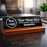FOTO VALE GIFTS Customized Wooden Desk Name Plate with Stand | Personalized Office Table Name Plate with Logo & Designation |