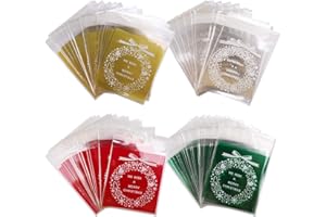 VIDILLO 400 sztuk przezroczystych torebek na słodycze, na Boże Narodzenie, z celofanu, na ciastka, wypieki, środki klejące, torebki na prezenty, samoprzylepne torebki OPP (opakowanie Xmas Wreath)