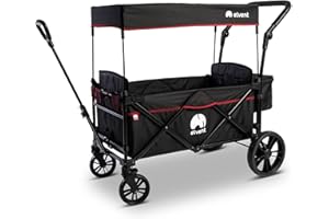 ‎ELVENT elvent® SmartCruiser City Bollerwagen - Handwagen faltbar mit Dach I Sitzpolster, Hecktasche, Feststellbremse, PU-Reifen, 5-Punkt-Gurt I für 2 Kinder | Teleskop-Zugstange (Schwarz)