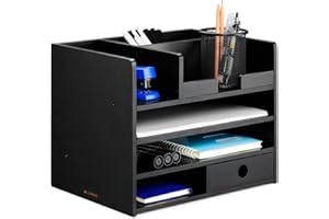 Navaris bambusowy organizer na biurko, drewniane szuflady i przegródki do organizowania dokumentów papierniczych, teczek, akcesoria biurowe, czarny