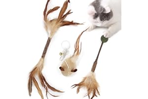 SONGWAY 3 Pcs Juguetes de Plumas para Gatos - 2 Palitos Masticables Matatabi para Gatos, 1 Ratón de Juguete Interactivo para Gatos, Palitos de Hierba Gatera Natural para Gatos para Limpiar los Dientes