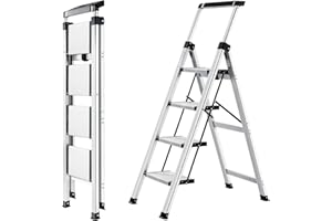XinSunho Escabeau 4 Marches en Aluminium, Échelle Pliable avec Main Courante Extractible, Escabeau Antidérapant Échelles Multifonctions pour la Maison et Le Bureau, Capacité 150 KG