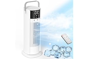 KITMOUS Evaporative Air Cooler with Remote Control, 5 IN 1 Portable Air Conditioner Spray Mist Desk Fan with Automatic Oscillation 3 Speeds and 7-Hour Timer Tower Fan and Humidifier for Home and Office