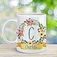 YUKE Personalized Name Coffee Mug - Monogram Initial Customized Cup, Bridesmaid Gift, Floral Design, Yellow Pink