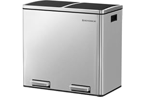 SONGMICS Cubo de basura, sistema de separación de residuos con 2 compartimentos, cubo de basura para cocina, 2 x 24 L, cierre suave, con pedales y asas, color plateado LTB48NL
