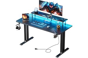 ‎HLONONE HLONONE Gaming Tisch mit LED, 120x60 cm Gaming Schreibtisch mit 3 Steckdosen und 2 USB Anschlüssen, PC Gamer Tisch mit Monitorständer, Stabiler Computertisch für Gaming und Büro, Schwarz