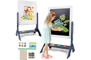 BODERAM Porte - art en bois 2 en 1 pour enfants Étagère verticale réglable double face Dessin d'écriture garçon fille accessoires magnétiques pour enfants grand tableau blanc et tableau noir