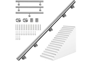 OUUTMEE 300CM Main Courante pour Escaliers en Acier Inoxydable, Rampe d'Escalier Murale avec Supports, Intérieure/Extérieure Main Courante pour Escaliers, Grenier, Porche, Garage et Terrasse (Argent)