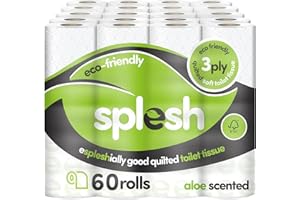 Splesh by Cusheen 3-ply Toilet Roll - Aloe Vera Fragrance (60 Pack) Soft, Quilted Bulk Toilet Rolls, Toilet Tissue and Loo Rolls – Eco-Friendly Toilet Paper Sustainably Crafted in The UK