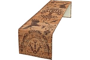 kikomia Baumwolle Leinen Tischläufer Rechteckige Wikinger Rabe Baum des Lebens Tischdecke für Hochzeit Urlaub Heimdekoration Wikinger Dekorativ Abdeckung Tischplatte (33×91cm, Wooden)