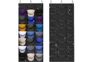 Dofilachy Baseball kappenhalter Organizer hängt hinter der Tür,Kappenhalter mit transparenten tiefen Taschen,Hut Kleiderbügel mit 24 Taschen，Hutaufbewahrungstasche mit Metallhaken (Schwarz)