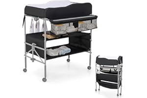 COSTWAY Baby Changing Table, Folding Nursery Changing Station with 4 Lockable Wheels, Rail, Storage Basket & Shelves, Height Adjustable Newborn Bath and Changer Unit Organizer (Black)