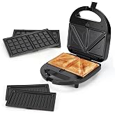 Aigostar 3 in 1 Sandwich Maker: Waffle Maker, Sandwich Maker and Electric | 3 Removable Non-Stick and Interchangeable Plates,