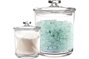 Youngever 2 Pack 1800ml, 450ml Clear Plastic Apothecary Jars, Re-usable makeup organizer, Qtip holders, swab pad holders