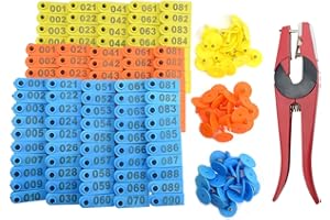 WMYCONGCONG Lot de 300 Étiquette d'oreille en plastique pour le bétail (1-100 numéros) Tag animal bleu jaune orange et applicateur de marque auriculaire pour chèvre mouton