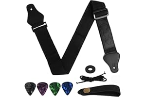 FLLYVLY Sangle de Guitare Noire en Coton Tissé, avec 3 Médiators, 1 Verrous de Sangle en Caoutchouc et Adaptateur de Tête, Convient pour Guitares Acoustiques, Électriques et Basses-accessoires guitare