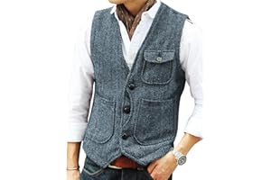Solovedress Mens Vintage Wool 3 Real Pockets Suit Vest V Neck Tweed Waistcoat for Wedding Groomsmen