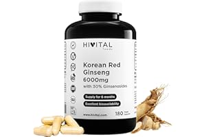 HIVITAL FOODS Ginseng Rosso Coreano 6000 mg. 180 capsule vegane per 6 mesi di trattamento. Estratto naturale di radice 15:1 con il 30% di ginsenosidi per capsula. Prodotto in Europa da HIVITAL