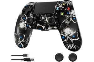 KUJIAN Wireless Controller for PS4, Black Skull Series Double Shock High Performance DS4 Gaming Controller for Playstation 4 /Pro/Slim/PC with Audio Function, Mini LED Bar, USB Cable