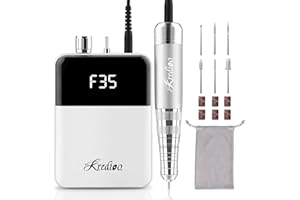 Kredioo Torno para Uñas Profesional 35000RPM, Pórtatil Ligero Y Recargable, 6 Brocas Lima Eléctrica de Manicura y Pedicura, Pulidor Set, Taladro Eléctrico, Limado Kit de Fresas con Batería, Blanco