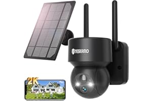 YESKAMO Cámara de Vigilancia WiFi Exterior 2K Batería 15000mAh 2.4G Wi-Fi Inalámbrica PTZ 360° con Panel Solar IP66 sin Cable, Visión Nocturna Color 30m, Detector de Movimiento PIR, Audio