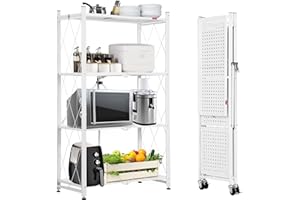 FuGuiB Étagère pliante, étagère pliable, avec roulettes, étagère en métal, étagère de cuisine (blanc, 4 couches)