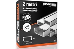 Eurocali 5x Profili da 2 metri (10mt) in Alluminio grigio per Strisce LED Schermatura Opaca ingombro max striscia led 12.2mm - 15.5 x 5.9