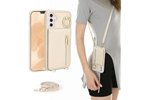 Jcxtrombulous Case for Galaxy S25, Shockproof Mobile Phone Case with Adjustable Necklace, RFID Zip, Wallet Case with Card Slot with Strap, Ring, Stand Case for Women, Beige