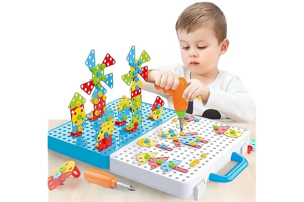 Ark miido mosaik plug-in spel verktygslåda med borrmaskin sladdlös skruvdragare, skruvar plug-in spel barnverktyg 3D pussel Montessori leksak från 3 4 5 6 år för pojkar flickor