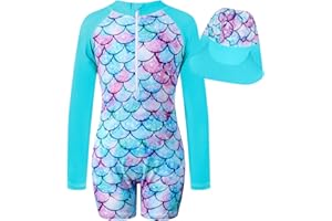 JiAmy Girls Swimming Costume One Piece Swimsuit Long Sleeve Zipper Swimwear UV Sun Protection Rash Guard Bathing Suit Mermaid Swimming Suit with Swim Hat for Girls 4-9 Years