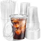 KAHEIGN 50 Pieces Clear Plastic Cups with Lids and Paper Straws, 480 ml Reusable Plastic Cup for Coffee Elegant Cups for Iced
