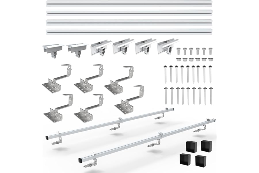 NuaSol PV Photovoltaic 2-Piece Mounting Set Brick Roof Mounting Rail Roof Hooks Including Solar Aluminium Profile, End Caps, End Clamps, up to 115 cm Width per Module