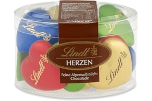 ‎LINDT Lindt Schokolade Vollmilch Schokoladenherzen | 300 g | 15 x feinste Alpenvollmilch Schokolade in Herzform in den Farben Grün, Rot, Blau, Gold | Schokoladengeschenk