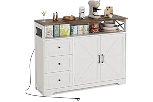 BonVache Sideboard, Küchenschrank mit Schubladen, Aufbewahrungsschrank, Anrichte mit Offenem Regal, Kaffeebar Schrank für Küche, Esszimmer, Wohnzimmer, 120 x 35 x 95cm, Weiß