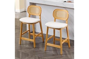 WAHSON OFFICE CHAIRS Wahson stołki barowe z połowy wieku, zestaw 2 krzeseł rattanowych na wyspy kuchenne, śniadaniowe, krzesła barowe z oparciem, wysokie stołki do domu, baru, pubu, beżowe