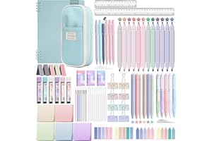 YIBONIKA 80 PCS Aesthetic Stationery Supplies with Blue Pencil Case & Notebook, 12 Pastel Highlighters, 6 Colour Pens, 5 Black Pens, 6 Mechanical Pencils, Stationery Set for School Office